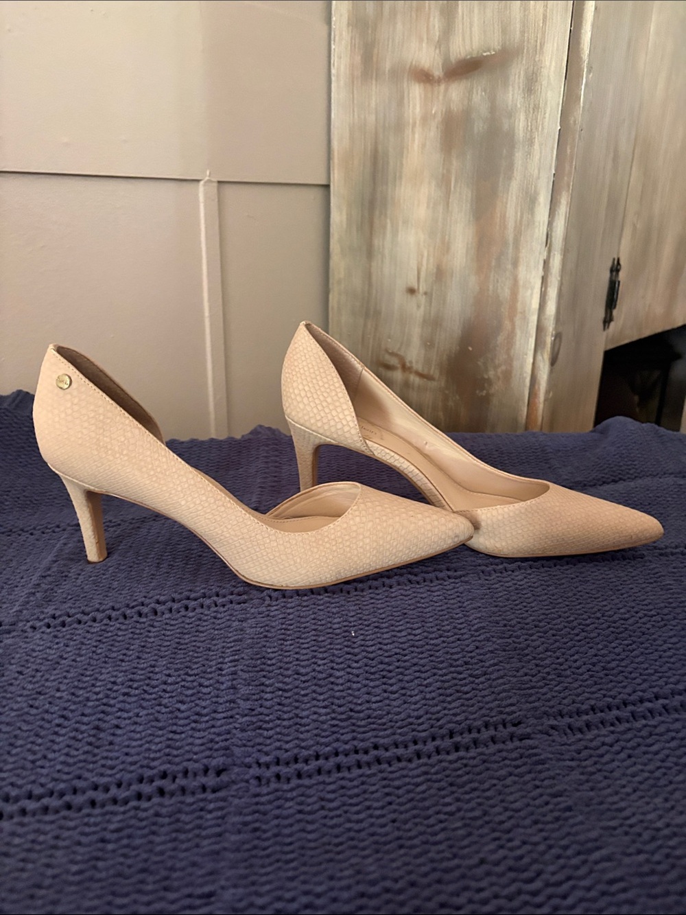 Calvin Klein Pointed Toe Kitten Heel Pumps in Beige